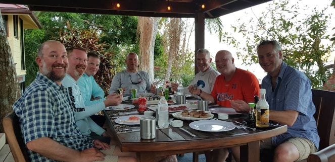 Anglers dining on the deck of Sport Fish Panama Island Lodge