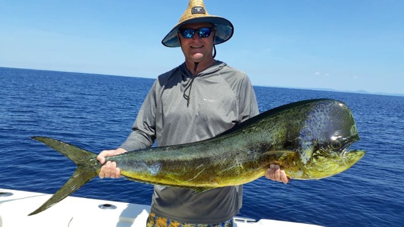 Angler posing with dorado, also known as ‘Mahi-Mahi’ or ‘Dolphin’