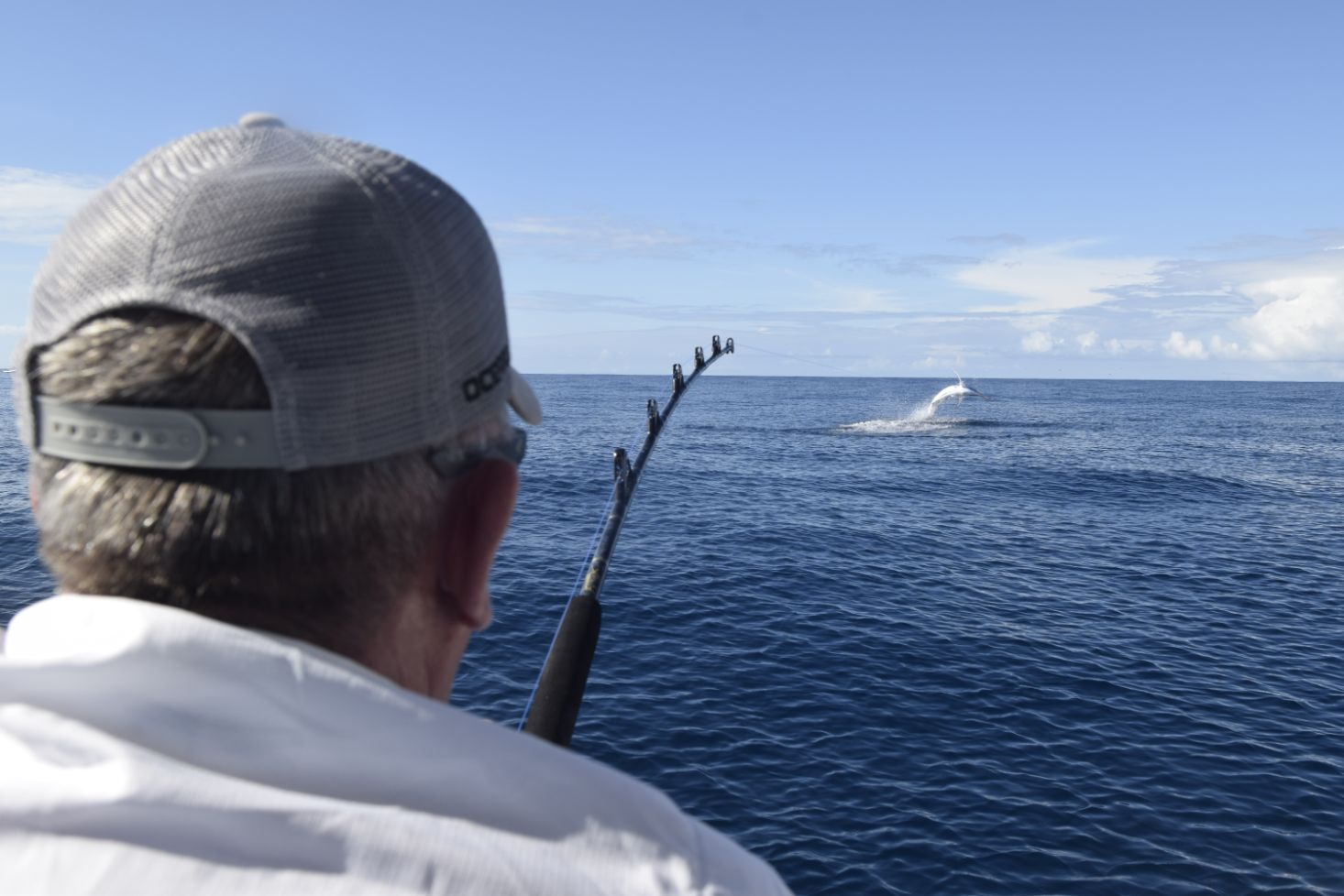 View of angler holding rod while marlin jumps in the distance