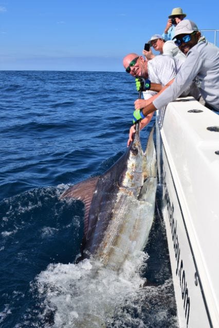 Angler and Mate holding black marlin alongside The T.O.P. CAT, 33' WORLD CAT TE,