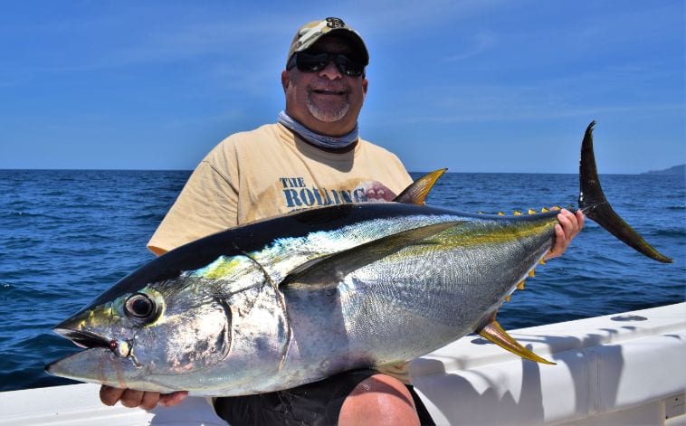 Angler sitting on World Cat gunnel with yellowfin tuna